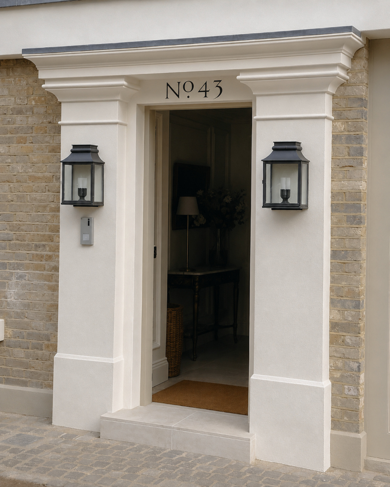 No.43 painted house number signwriting in a traditional Roman serif style on textured render in Kensington.