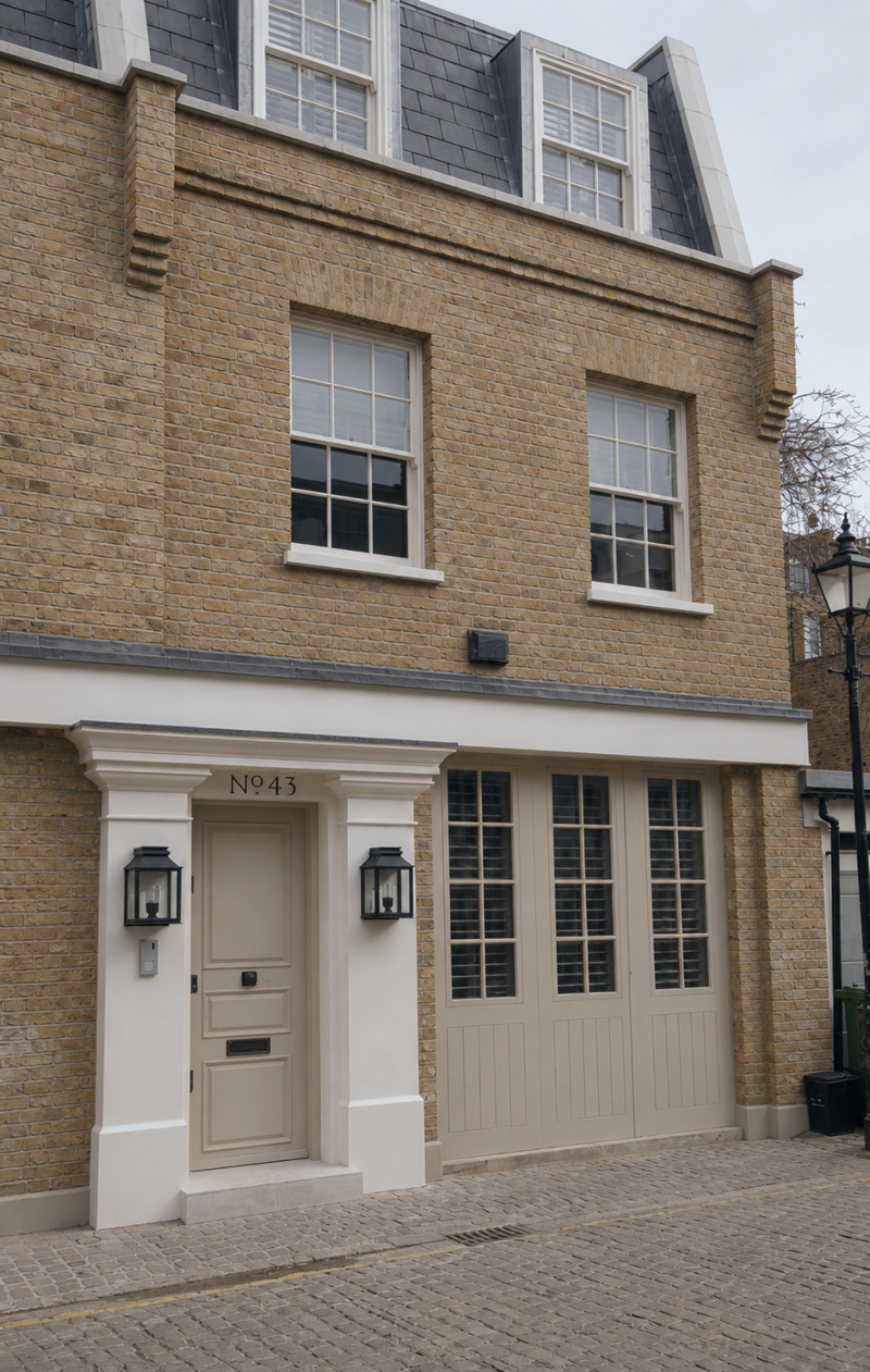 Kensington mews-style house with painted No.43 property signwriting viewed from the cobbled street.