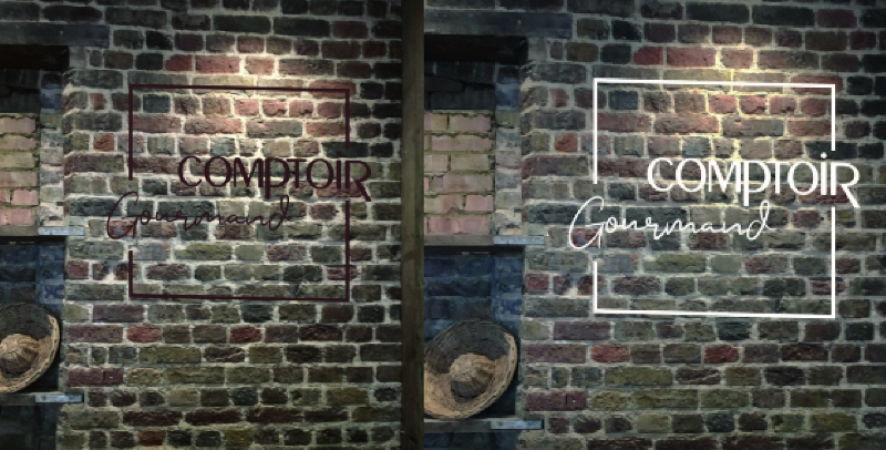Design visuals comparing burgundy and white brick wall signwriting for a commercial interior in Soho.