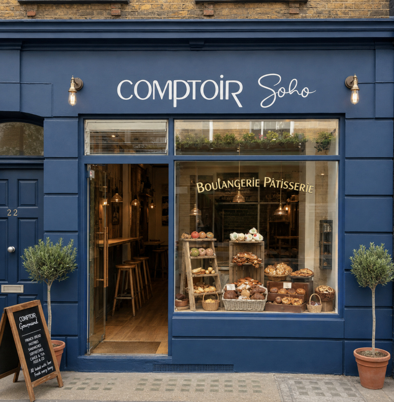 Commercial signwriting for Comptoir Gourmand in Soho, London, with painted fascia lettering and reverse-gilded glass branding.