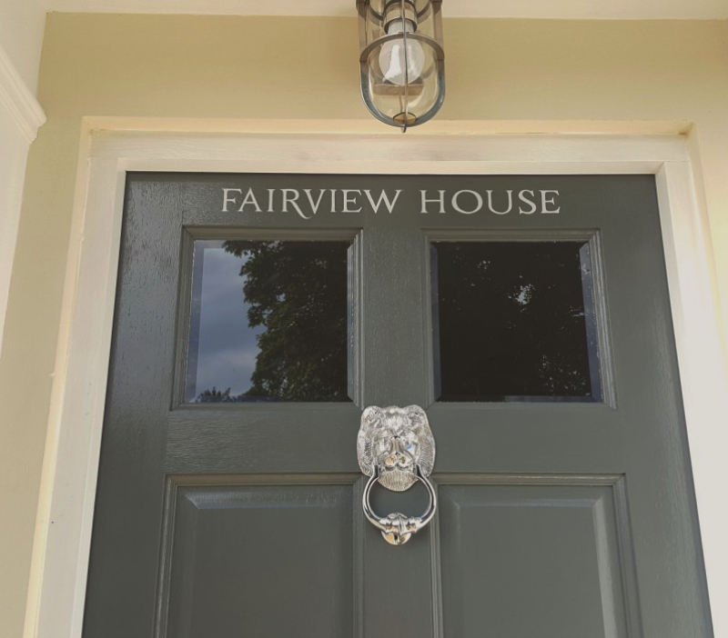 Hand painted house name on the entrance door of Fairview House in Enfield.