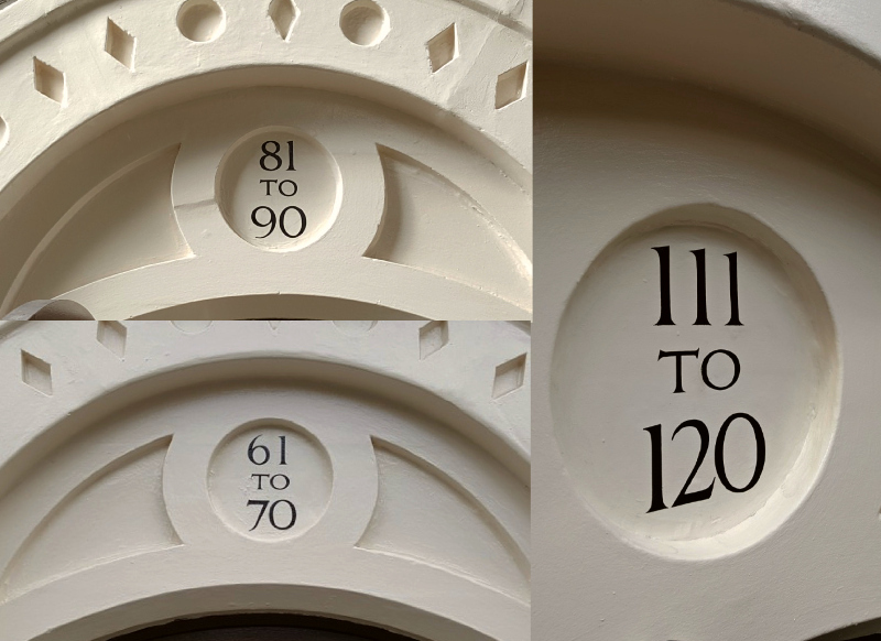 Traditional hand painted entrance numbers completed across several entrances at Lumley Buildings.
