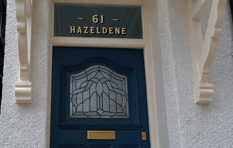 Traditional entrance glass lettering completed on the transom window of a late Victorian residence in Ealing.