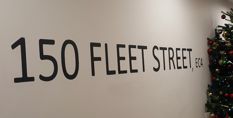 Completed hand painted address lettering for the entrance of a Fleet Street office building in London EC4.