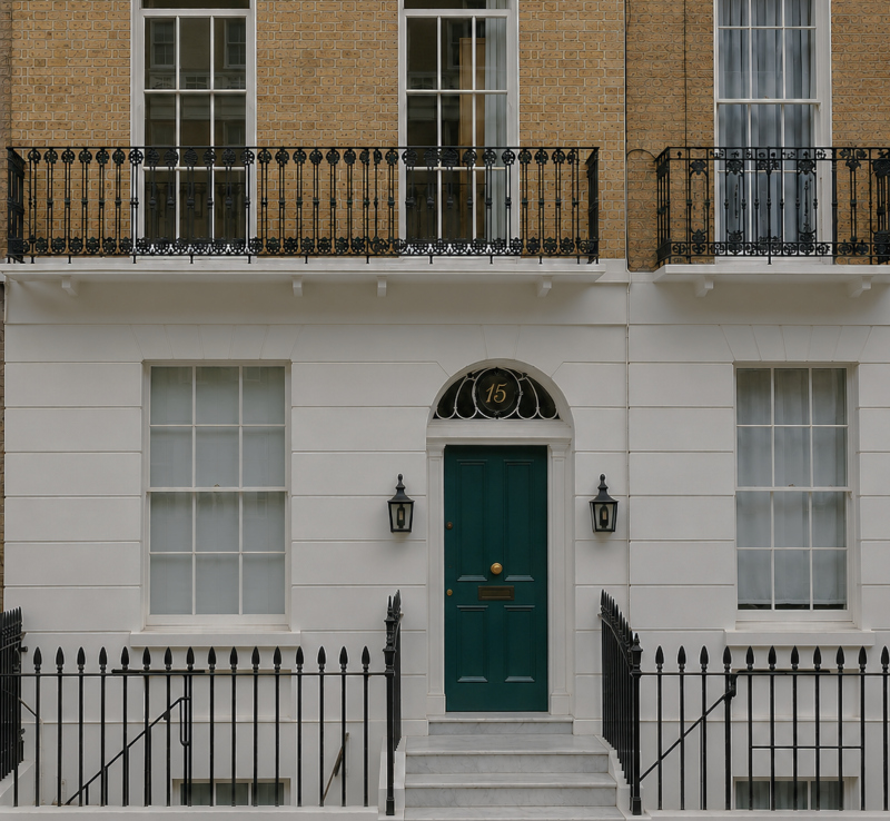 Entrance to a Regency townhouse near Hyde Park featuring bespoke 23ct gold leaf fanlight numbering.