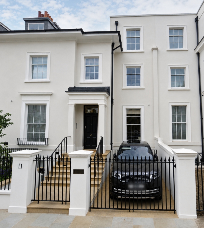 Architectural house numbering hand painted onto a rendered entrance pier at a distinguished private residence in Kensington W8.