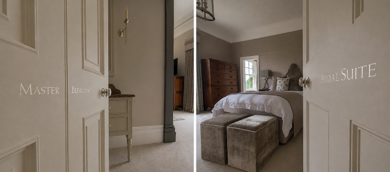 White gold architectural lettering creating consistent internal wayfinding throughout a distinguished private estate.