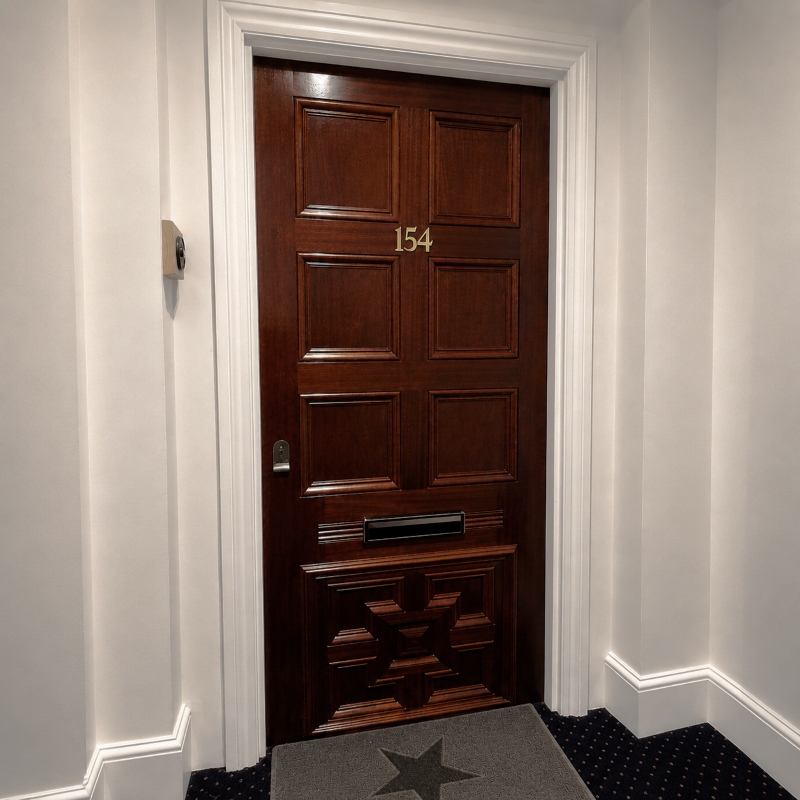Architectural apartment entrance lettering in London mansion block