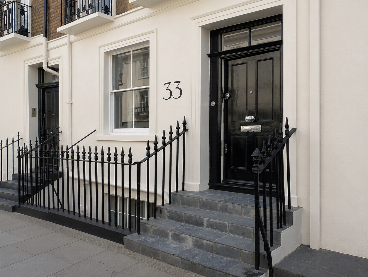 Large hand painted house numbers on Belgravia property façade
